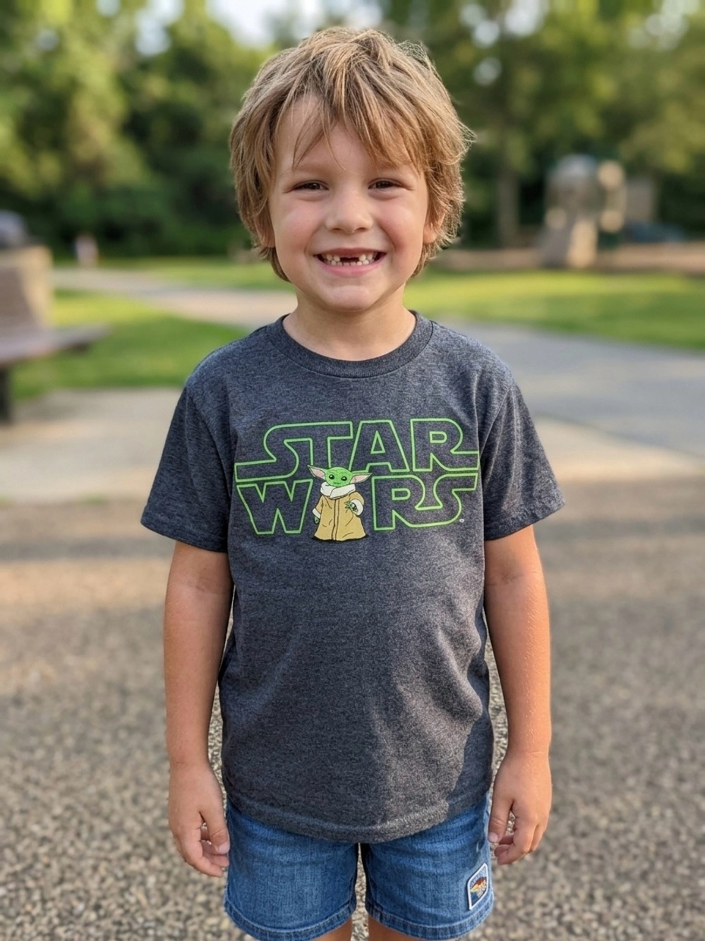 Star Wars Charcoal Tee with Grogu Graphic and Neon Green Logo